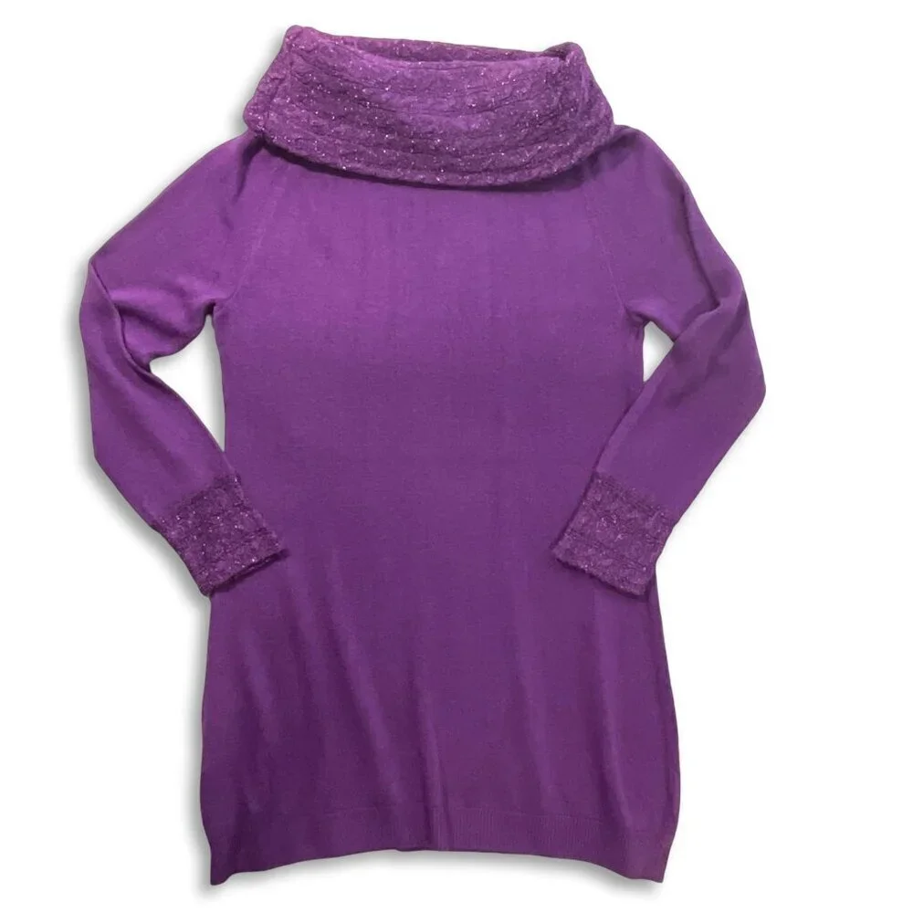 NWT White Stag Y2K Purple Cowl Neck Long Sweater‎ Women S 4/6 Metallic Knit Trim